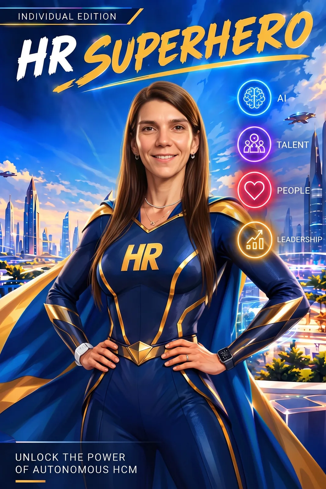 AI superhero poster titled HR Superhero, Individual Edition, with a caped hero, AI, Talent, People and Leadership icons and SAP SuccessFactors branding