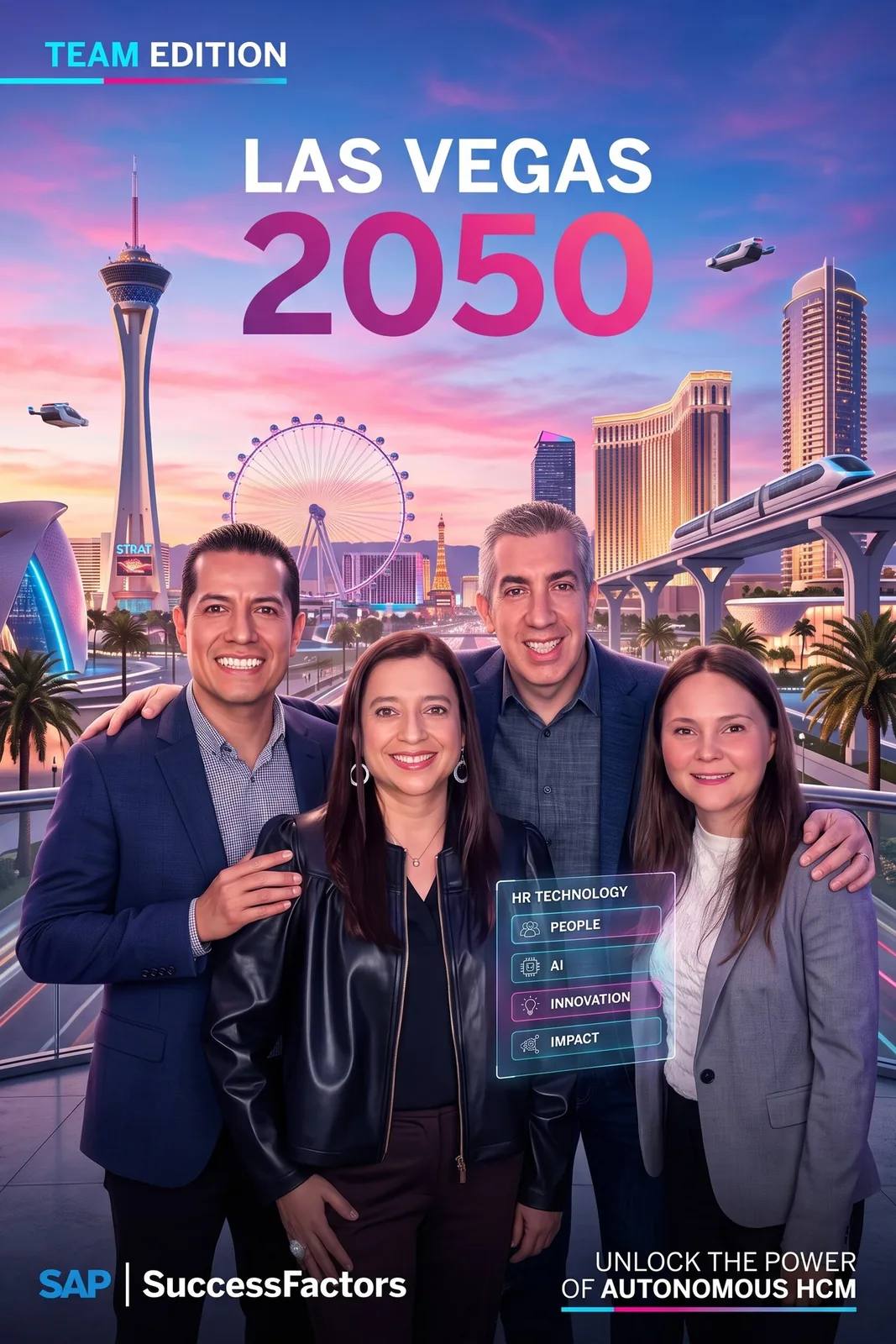 AI poster titled Las Vegas 2050, Team Edition, set on a futuristic Las Vegas Strip with SAP SuccessFactors branding